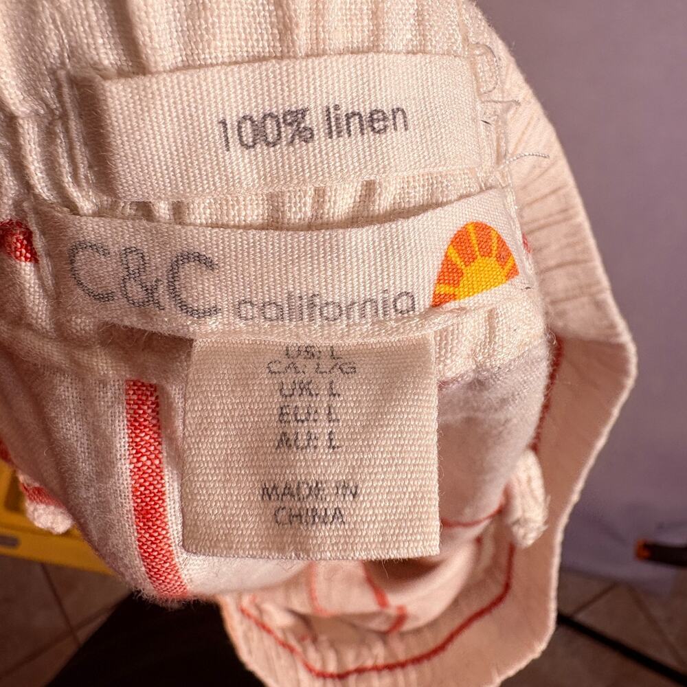 C&C California Pants Womens Large Orange White Striped 100% Linen Beach Good - Picture 7 of 7